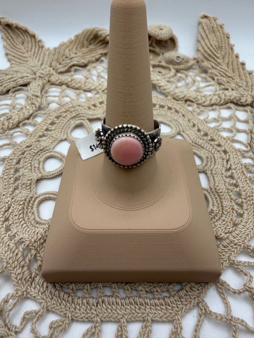 Artisan Sterling Silver Pink Conch Shell Ring Engraved Wide Band 8 Rustic Chic